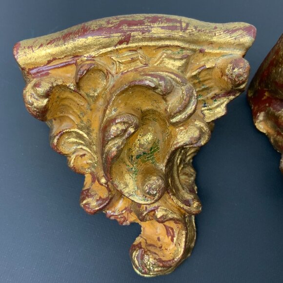 Pair Of Vintage Ornate Rococo Gilt Wood Wall Shelves Brackets Italy - Picture 16 of 16